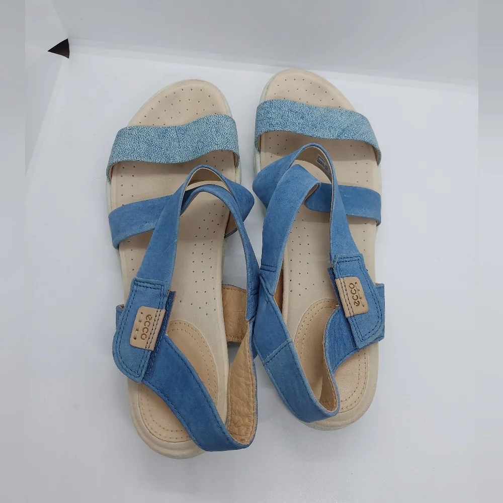 ECCO Damara Blue Criss-Cross Suede Leather Strappy Flat Sandals Shoes Women's 9